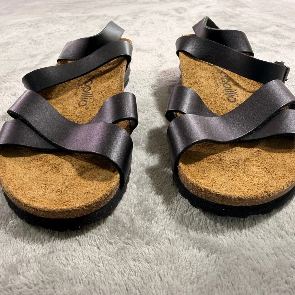 Papillio Birkenstock Wedge Sandals Womens 38 7 Black Strappy Lana Cork Heel